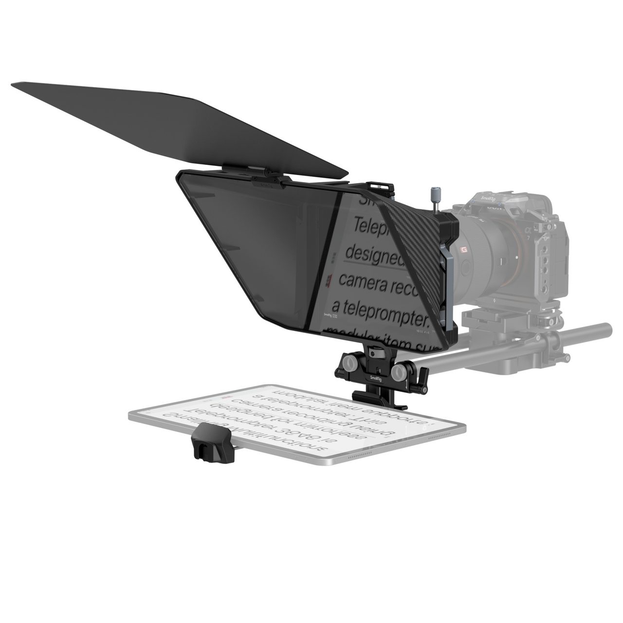 SmallRig's multifunctional beam-splitter teleprompter on 15mm rods, with a phone tray under the angled 70/30 glass and a camera platform behind it.