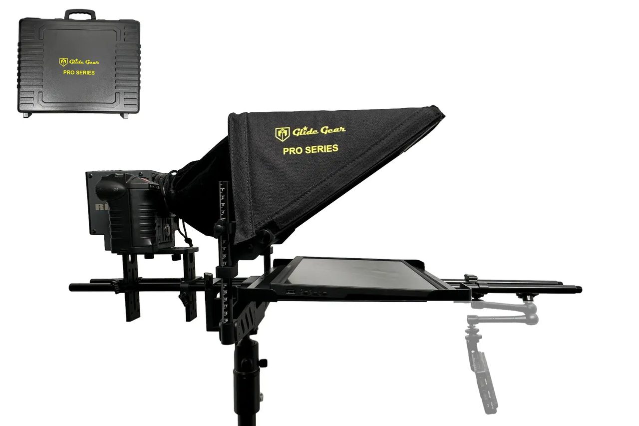 A large 17-inch Glide Gear TMP 1000 professional teleprompter on a stand, with big angled beam-splitter glass and a camera platform for a mirrorless or DSLR body.