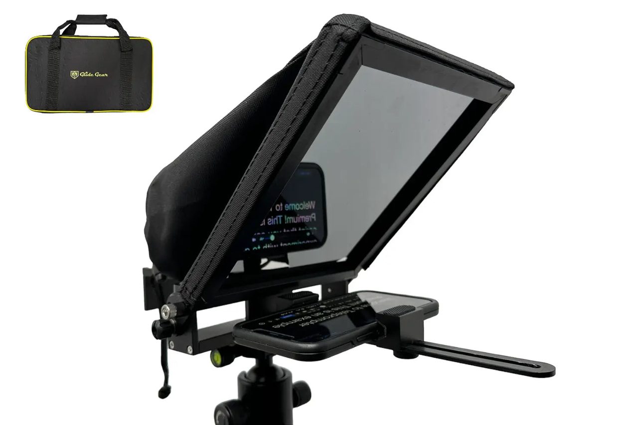 A compact folding Glide Gear TMP 50 smartphone teleprompter with a small angled beam-splitter glass and a phone tray.
