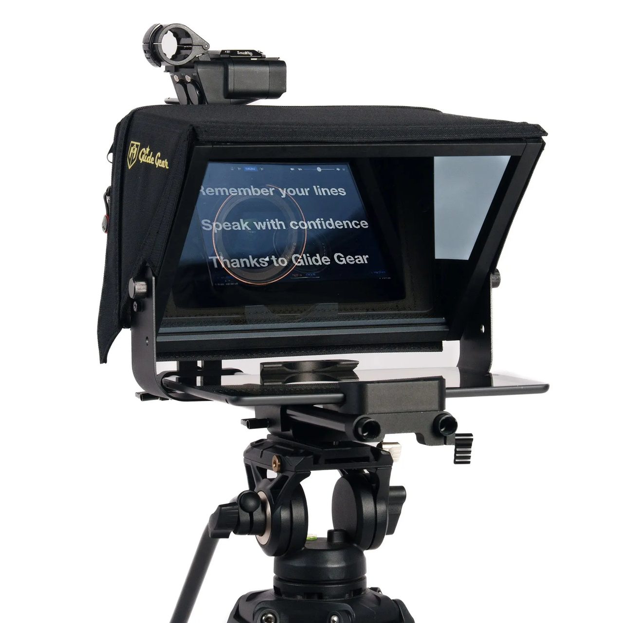 A Glide Gear TMP 500 teleprompter mounted on a pair of 15mm rails with a camera platform and an angled beam-splitter glass.
