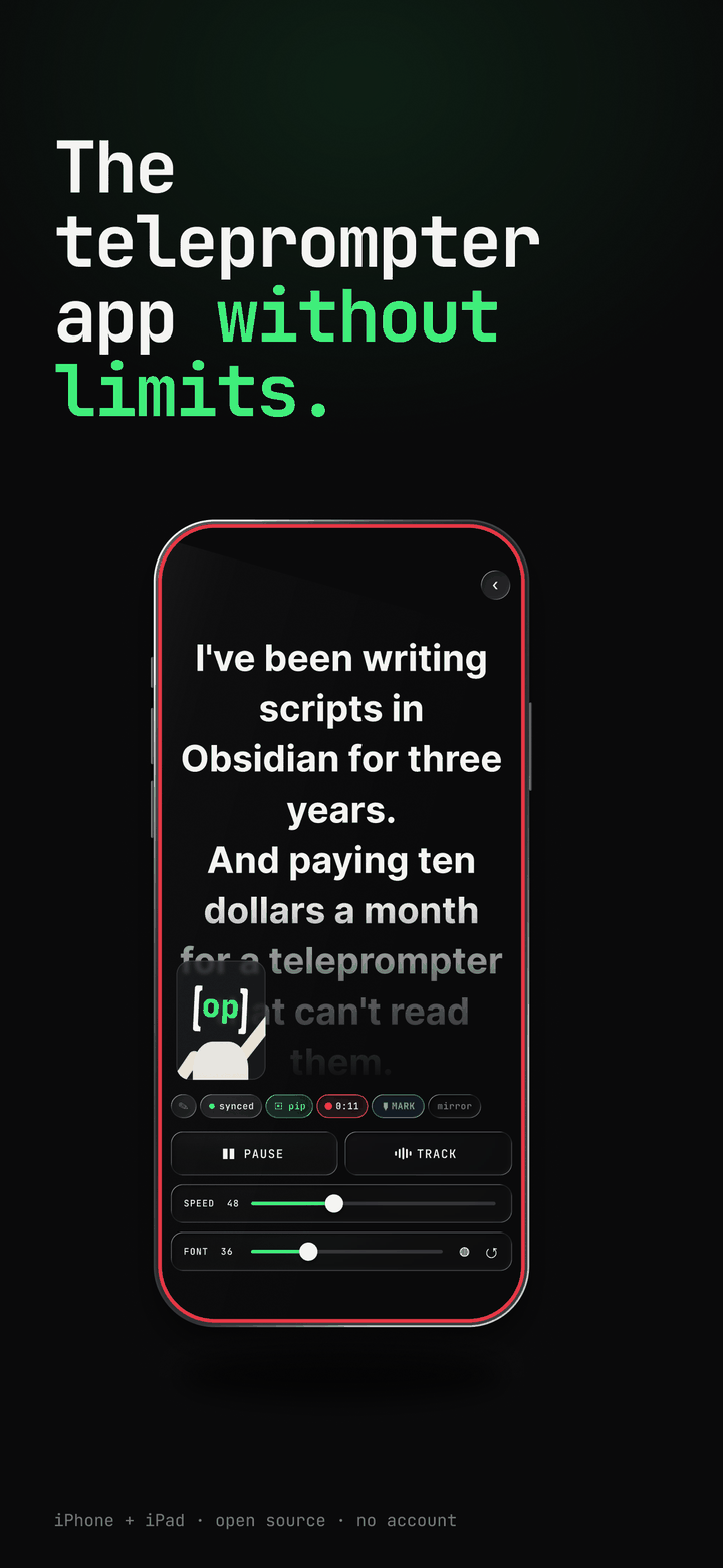 Open Prompter on iPhone mid-recording: the script over a red tally border, PAUSE and TRACK below it