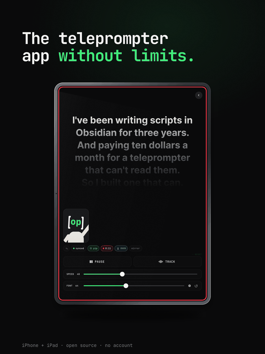 Open Prompter on a 13-inch iPad, mid-recording, the script at a readable width in the middle of the screen
