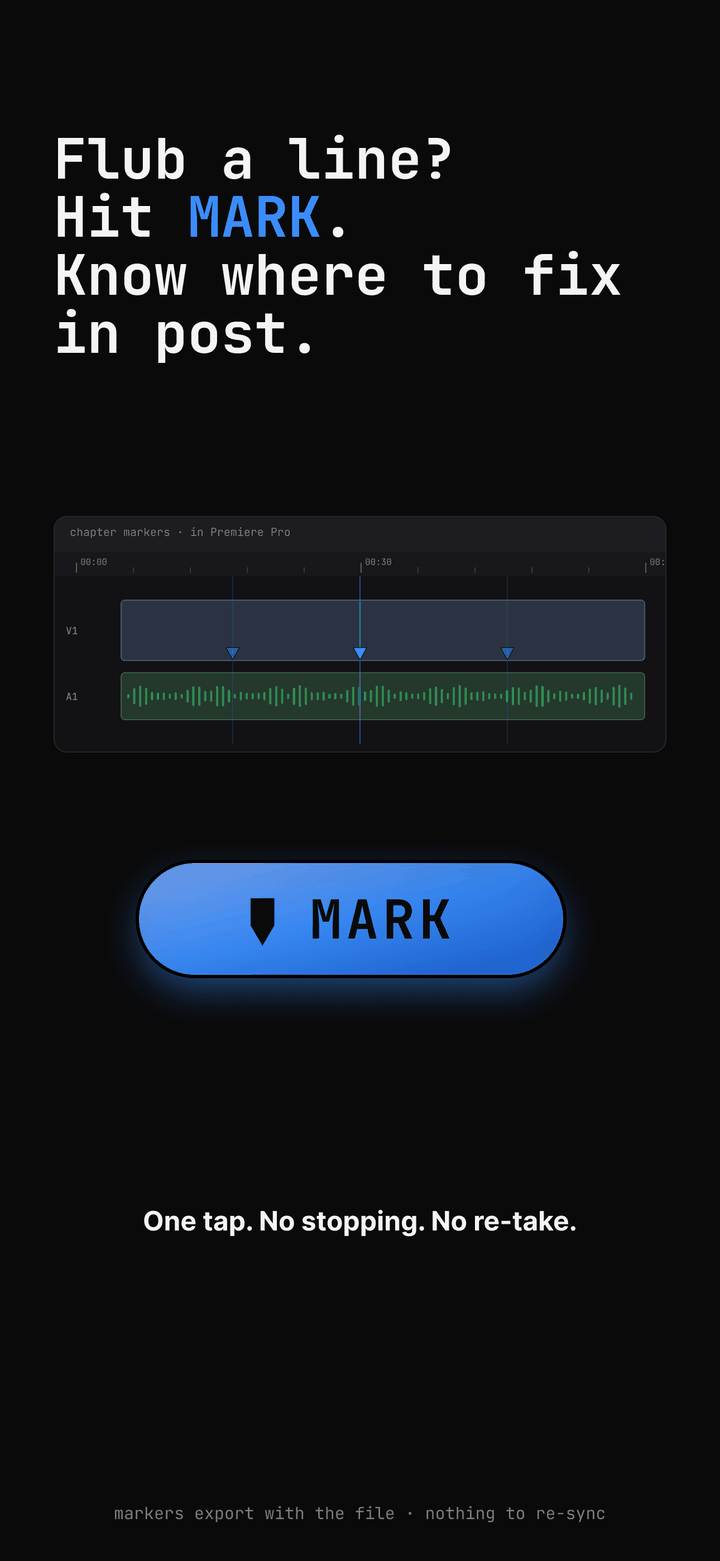 the MARK button and an editing timeline with three blue chapter markers on it