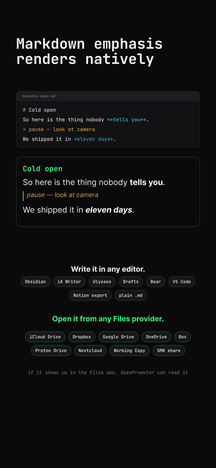 a raw Markdown file next to how the prompter renders it: green heading, bold, an amber block quote, italics