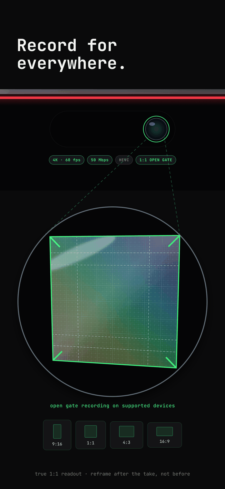 the top of an iPhone 17 while recording, and a close-up of the square 1:1 sensor with 9:16, 4:3 and 16:9 crops drawn over it