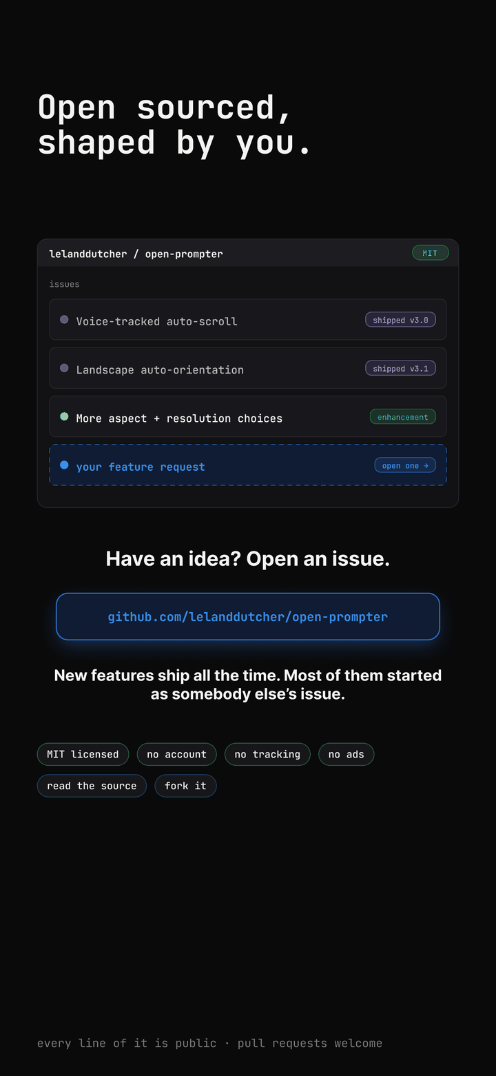 the GitHub issues list for open-prompter: two shipped requests, one open enhancement, and a slot for yours