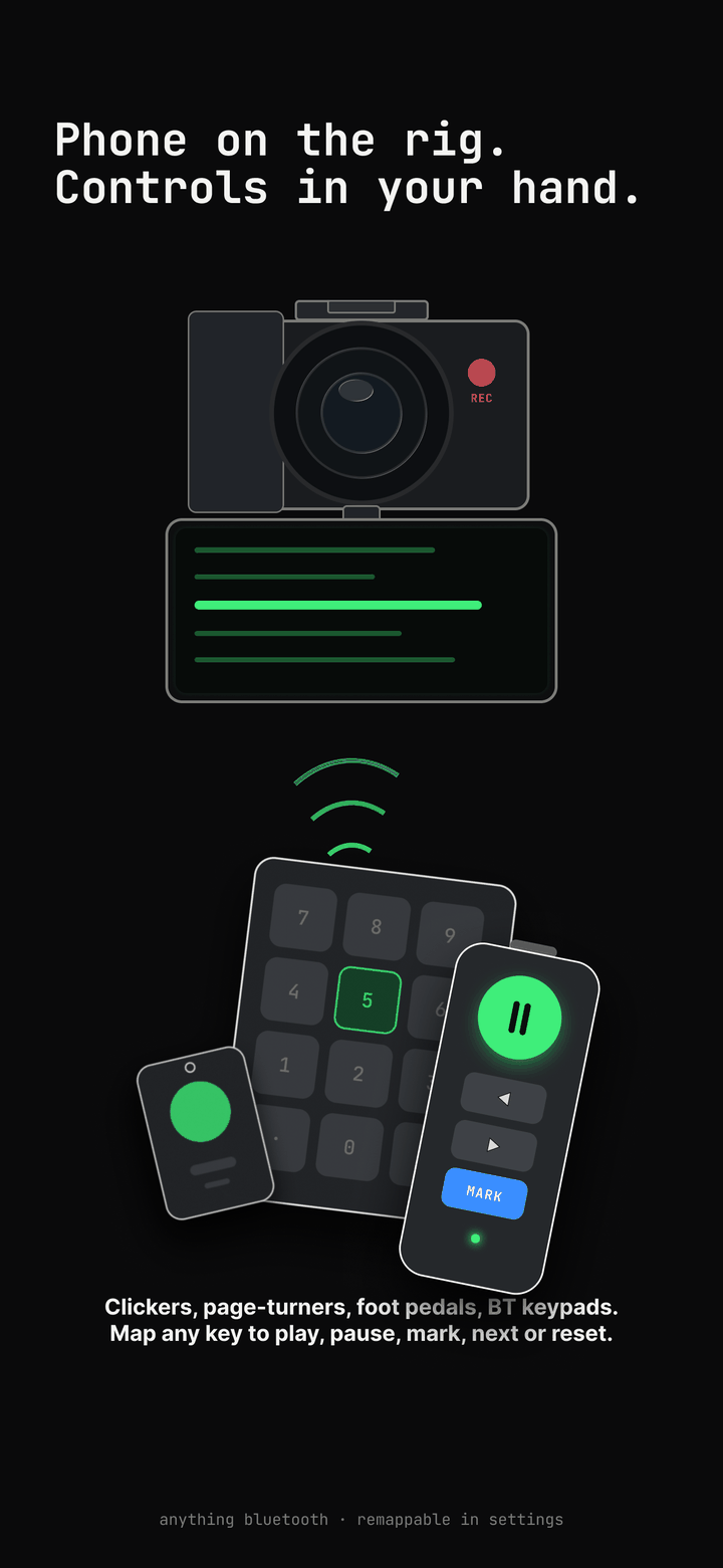 the phone mounted flat under a camera lens, with three Bluetooth remotes: a shutter button, a ten-key pad and a presenter clicker