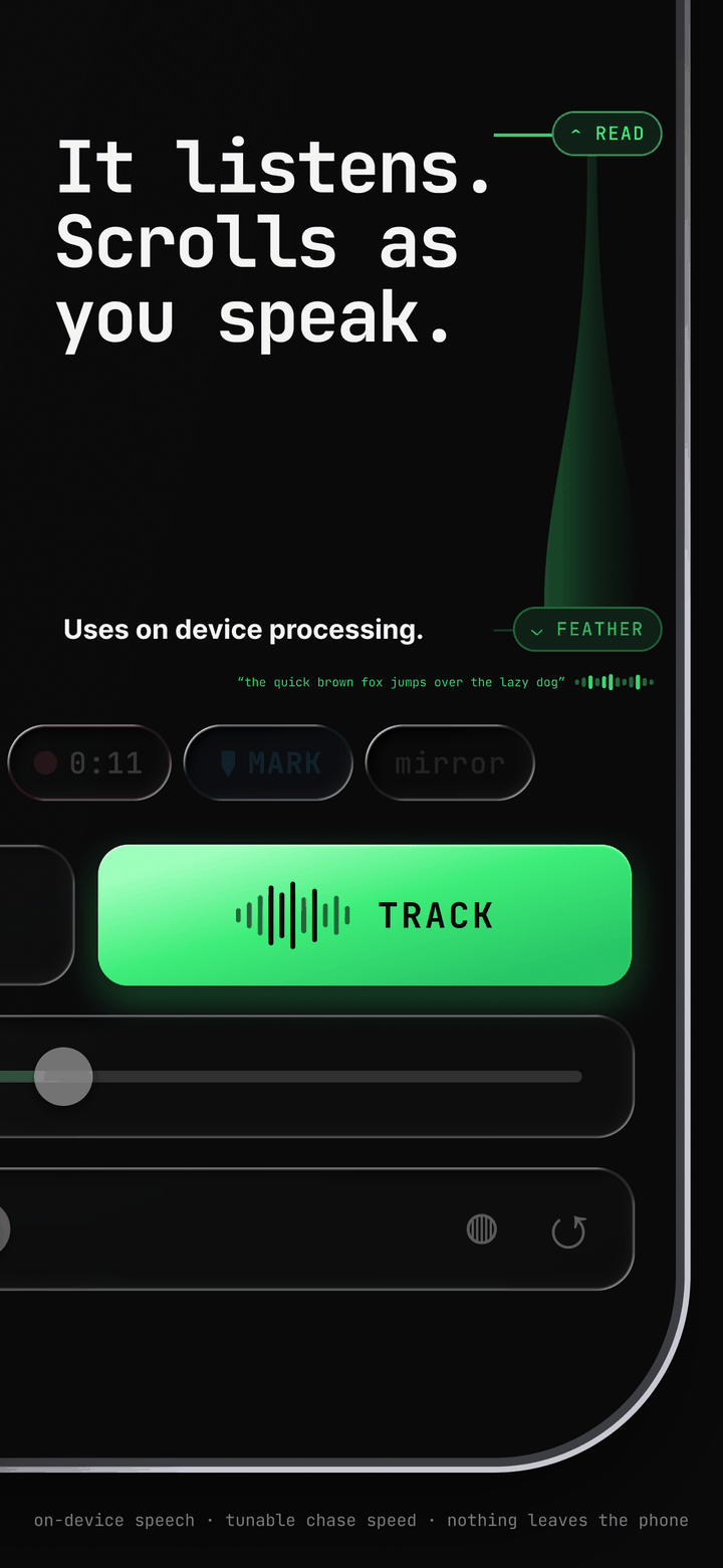 the TRACK button lit green, with the read line and feather line on the right edge of the script